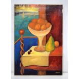 An oil on linen by Slava Tch of a bowl of fruit and a window view of the sea. 62 x 42cm.