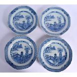 A SET OF FOUR 18TH CENTURY CHINESE EXPORT BLUE AND WHITE PLATES Qianlong. 22.5 cm wide. (4)