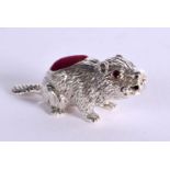 A SILVER PIN CUSHION IN THE FORM OF A BEAVER. Stamped 925 Silver, 2cm x 5cm x 1.6cm, weight 17.4g