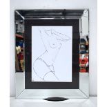 A framed ink drawing of a by Rosa-Maria Dudzinski of a naked female. 27 x 20 cm.