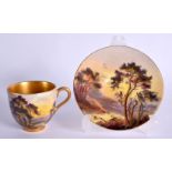 ROYAL WORCESTER DEMI TASSE COFFEE CUP AND SAUCER PAINTED WITH TWILIGHT LOCH SCENE BY L. (LOUIS) FLEX