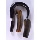 FOUR 19TH CENTURY MIDDLE EASTERN CARVED RHINOCEROS HORN WALKING CANE HANDLES. 262 grams. 10.5 cm x 8