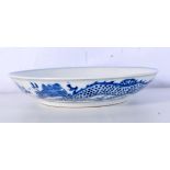 A Chinese porcelain blue and white dish decorated with a dragon 4 x 19cm.