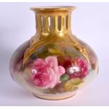 ROYAL WORCESTER MOULDED VASE WITH PIERCED NECK PAINTED WITH ROSES BY EM FILDES, SIGNED, SHAPE H 306