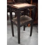 A 19TH CENTURY CHINESE CARVED HARDWOOD MARBLE INSET STAND. 80 cm x 38 cm.