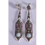 A PAIR OF SILVER ART DECO STYLE EARRINGS WITH OPAL INSETS. Stamped 925, 6.2cm x 1.1cm, weight 8.5g