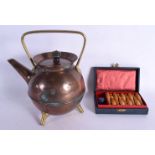 AN ARTS AND CRAFTS COPPER TEAPOT in the manner of Dresser, together with a cased set of skittles. La