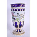 A FINE 19TH CENTURY BOHEMIAN ENAMELLED BLUE AND WHITE ENAMELLED BEAKER wonderfully painted with bird