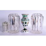 A LOVELY PAIR OF ANTIQUE CRYSTAL GLASS TABLE LUSTRES together with a Bohemian vase. Largest 22 cm hi