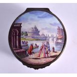 AN 18TH CENTURY EUROPEAN ENAMELLED CIRCULAR BOX painted with figures before a Lakeland landscape. 9