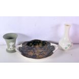 A Coalport twin handled sweet dish, Wedgewood jasperware vase and a Belleek vase 16 cm(3)