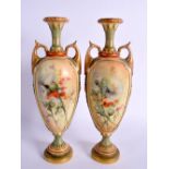 ROYAL WORCESTER PAIR OF TWO HANDLED VASES PAINTED WITH THISTLES AND OTHER WILD FLOWER, SHAPE 1839 DA
