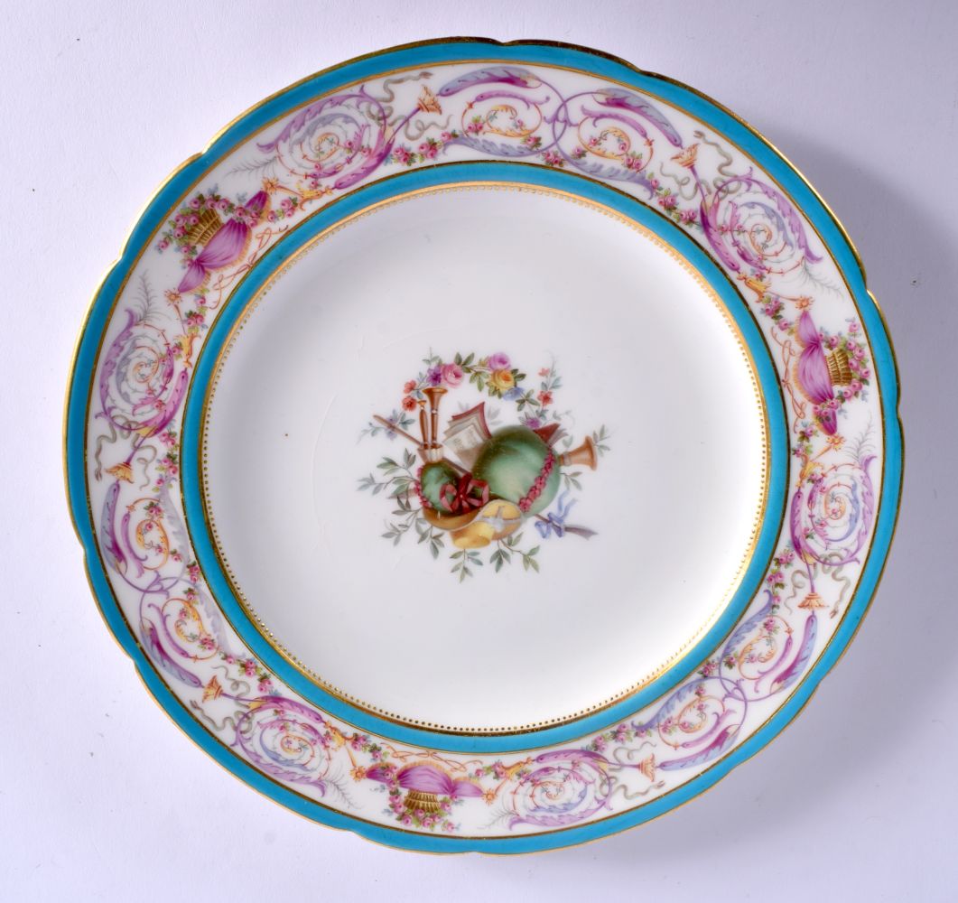 MINTON PLATE PAINTED WITH A FRENCH NEO-CLASSICAL BORDER OF SCROLLS AND BASKETS OF FLOWERS BETWEEN TW