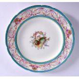 MINTON PLATE PAINTED WITH A FRENCH NEO-CLASSICAL BORDER OF SCROLLS AND BASKETS OF FLOWERS BETWEEN TW