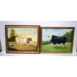 A framed oil on canvas on a bull signed with a Monogram AB together with another oil of a bull 39 x