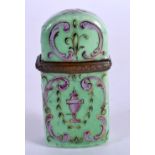 A RARE 18TH CENTURY ENGLISH ENAMEL ETUI painted with puce urns upon an apple ground. 6 cm x 3.5 cm.