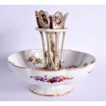 19TH CENTURY DRESDEN MINIATURE SPOON STAND, THE SPOONS PAINTED WITH FLOWERS OR WATTEAUESQUE COURTING