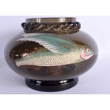 A RARE ARTS AND CRAFTS TYPE ENAMELLED SMOKEY GLASS BOWL painted with a flying fish. 18 cm x 12 cm.