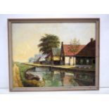 J V Hoppe. A large framed oil on canvas of a Dutch canal side. 58 x 74cm.
