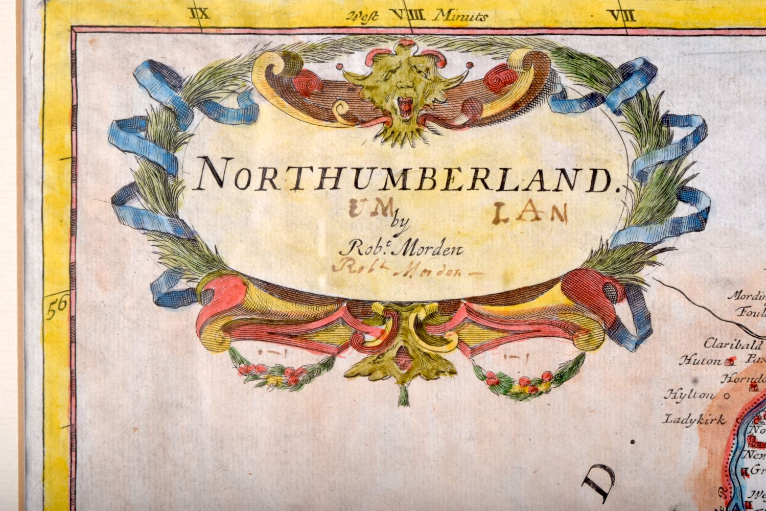 A framed early 18th Century map on parchment of Northumberland by Robert Morden 41 x 35cm - Image 3 of 4