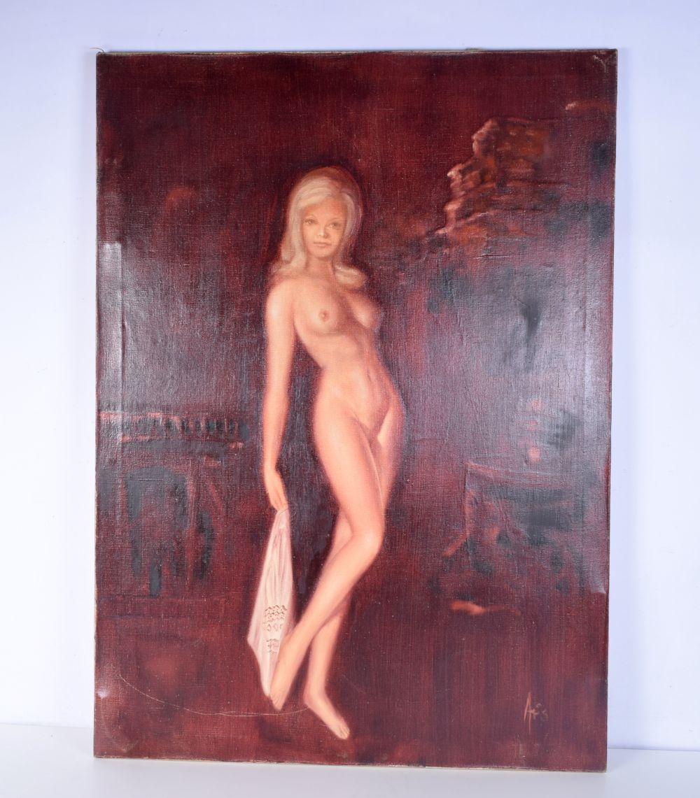 An unframed oil on canvas of a naked female. 92 x 66 cm.