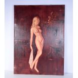 An unframed oil on canvas of a naked female. 92 x 66 cm.