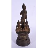 A 16TH/17TH CENTURY MIDDLE EASTERN ASIAN BRONZE BUDDHISTIC GROUP formed with three figures. 15 cm hi