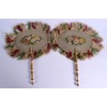 A PAIR OF VICTORIAN CARVED GILTWOOD AND BEADWORK FANS. 40 cm x 20 cm.
