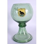 A 19TH CENTURY GERMAN GREEN GLAZED ARMORIAL GOBLET painted with a black bear, dated 1638. 20 cm x 10