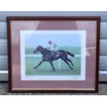 A LIMITED EDITION HORSE RACING PRINT DANCING BRAVE. 22 cm x 30 cm.