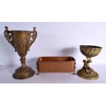 TWO 19TH CENTURY CONTINENTAL GILT METAL VESSELS together with a copper bucket. Largest 34 cm x 16 cm