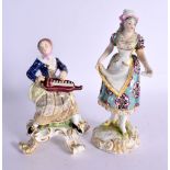 A 19TH CENTURY ENGLISH DERBY PORCELAIN FIGURE together with a European figure of a female. Largest 1