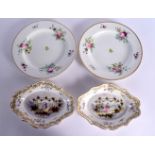 FOUR EARLY 19TH CENTURY ENGLISH PORCELAIN DESSERT WARES painted with flowers. Largest 30 cm x 12 cm.