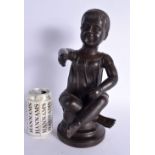 A 19TH CENTURY CARVED WOOD FIGURE OF A SEATED GIRL modelled extending her hand. 35 cm high.