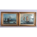 A FINE PAIR OF 19TH CENTURY CHINESE FRAMED WATERCOLOUR PAINTING ON GOUACHE one depicting a ship / ju