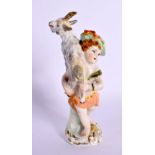 A 19TH CENTURY CONTINENTAL PORCELAIN FIGURE modelled holding a deer. 12 cm high.