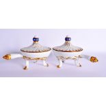 A PAIR OF MARCOLINI MEISSEN PORCELAIN RIBBED POTS & COVERS decorated with a simple floral finial and