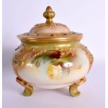 Royal Worcester footed pot pourri vase and cover painted with roses shape 183H, date mark 1911. 12cm