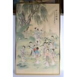 A CHINESE REPUBLICAN PERIOD FRAMED WATERCOLOUR depicting figures in landscapes. 70 cm x 30 cm.