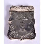 A CONTINENTAL NIELLO SILVER CARD CASE WITH ORNATE DECORATION. Stamps worn, 9.3cm x 6.7cm, weight 48