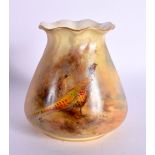Royal Worcester vase of sack shape and pie crust rim painted with a brace of pheasants by Jas. Stint