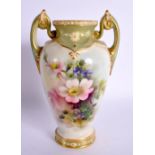 Royal Worcester two handled vase shape G960 painted with dog roses by Cole, signed, date mark 1908.
