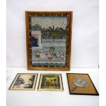 A large framed Indian print together with a framed Indonesian horn handled fan and two South East As