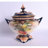 Royal Worcester Hadleyware pot pourri vase and cover with dark blue handles and cover, painted with