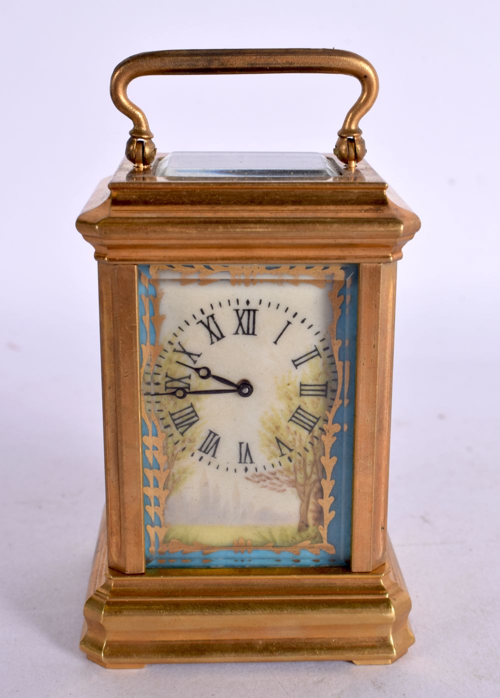 A MINIATURE CONTEMPORARY SEVRES STYLE CARRIAGE CLOCK. 9 cm high inc handle.