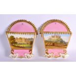 19th century Coalport pair of letter wall pockets, damage not affecting scenes. 15cm Long
