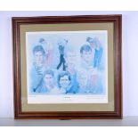 A framed limited edition artist proof print of six golfing Masters winners. 45 x 50cm.
