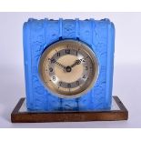 AN ART DECO FRENCH BLUE GLASS CLOCK decorated with foliage. 11 cm x 11 cm.