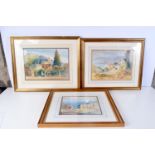 A framed watercolour of a French Village scene together with 2 other framed water colours 27 x 39 cm