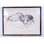 A large framed charcoal drawing of a naked female indistinctly signed & dated 93 54 x 78 cm